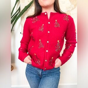 Vintage Wool Karen Scott Festive Red Cardigan with Tree Accents